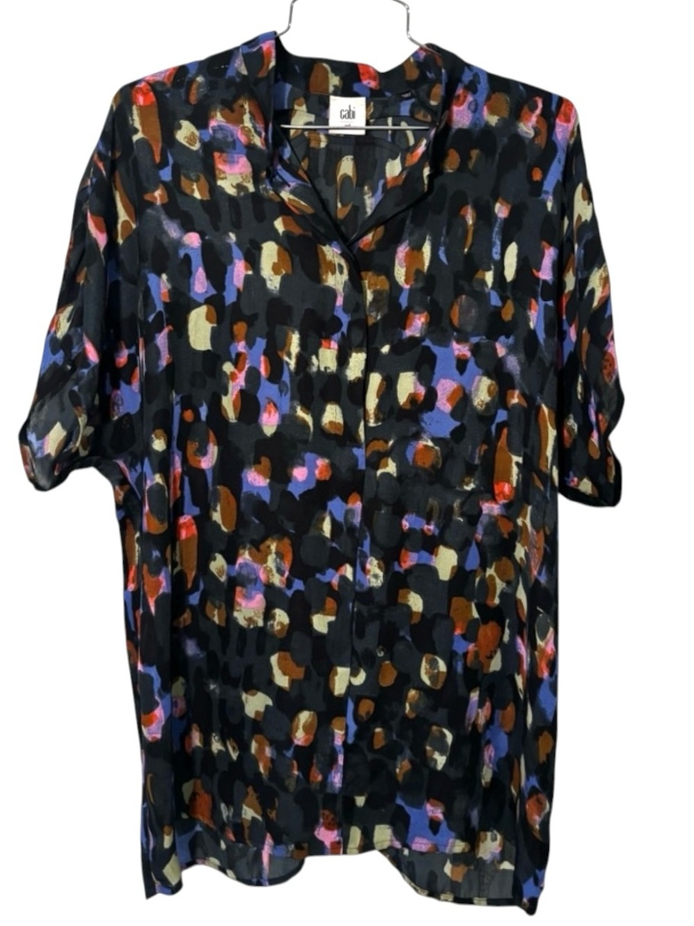CAbi Black Multicolor Abstract Paint Splotch Print Button-Down Blouse Size M
